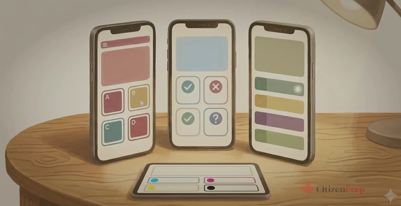 Flat illustration showing app icons — phone, star, and shield — representing Canadian citizenship test preparation tools