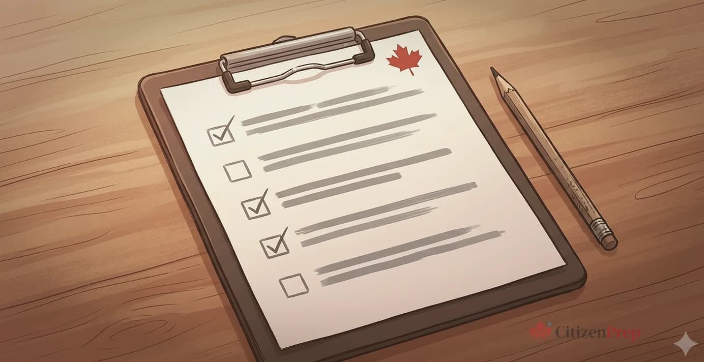 Editorial illustration of a clipboard with checkbox rows and grey text skeletons, a maple leaf in the corner, and a pencil resting on a warm wooden desk