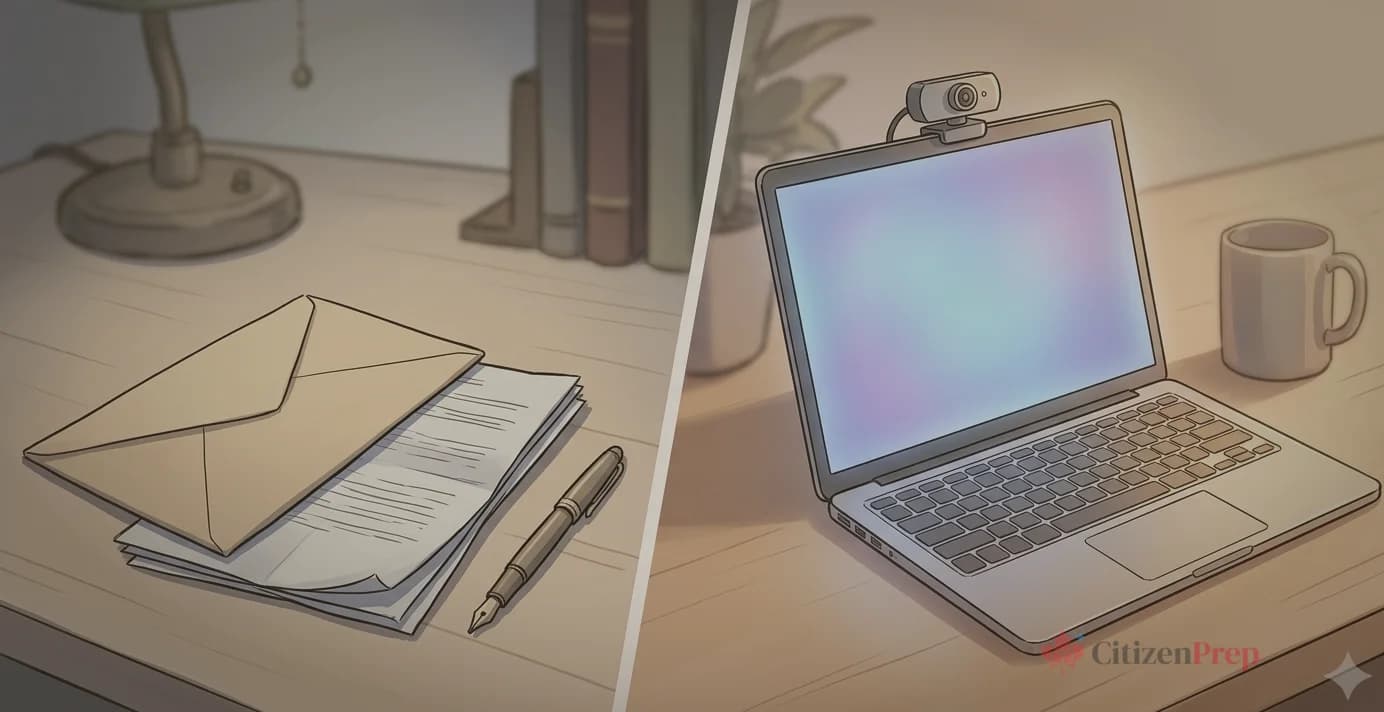 Editorial illustration split into two panels: left side shows an envelope and documents with a fountain pen on a cooler-toned desk; right side shows a laptop with a webcam and coffee mug in warm light