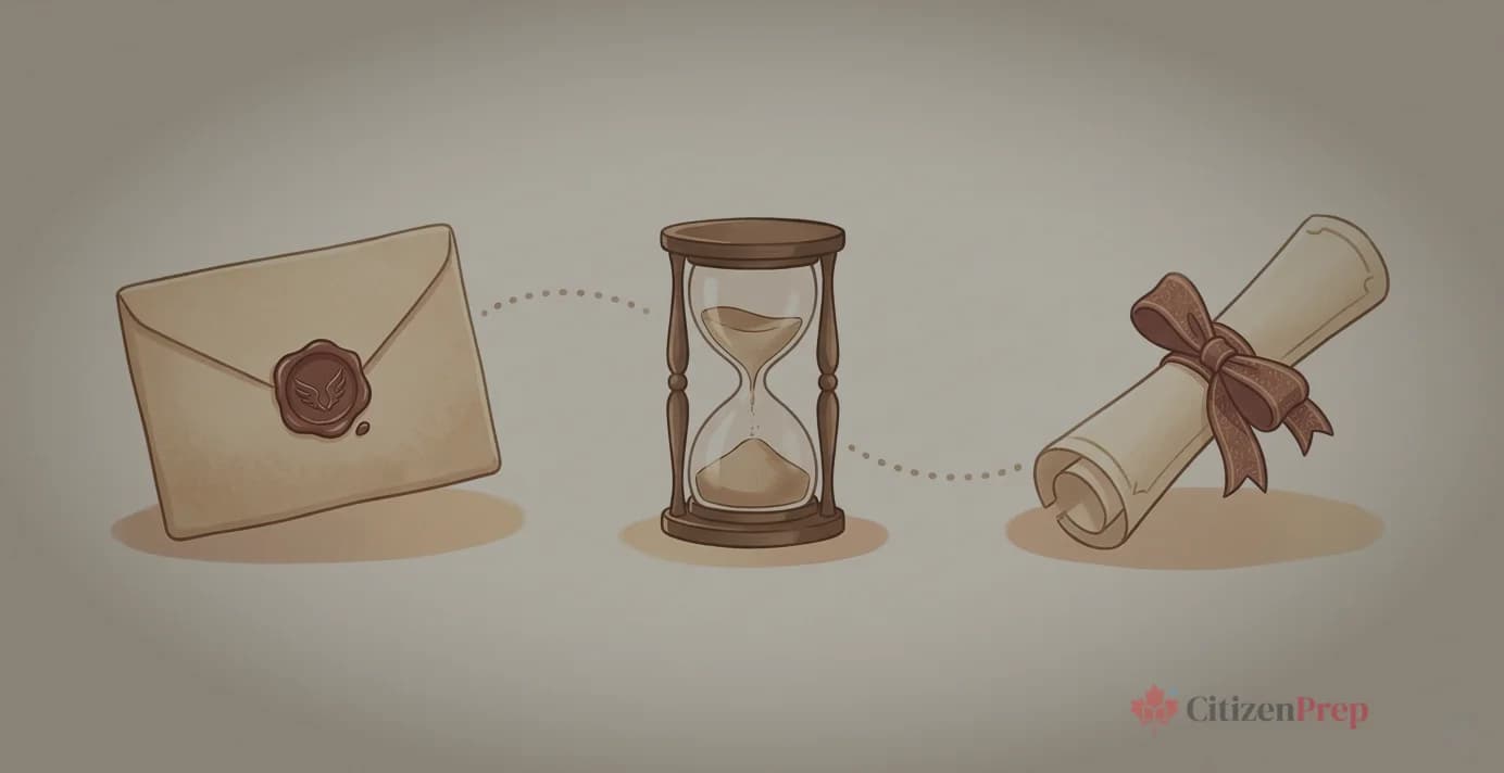 Flat illustration of a citizenship application timeline with milestones from submission to oath ceremony