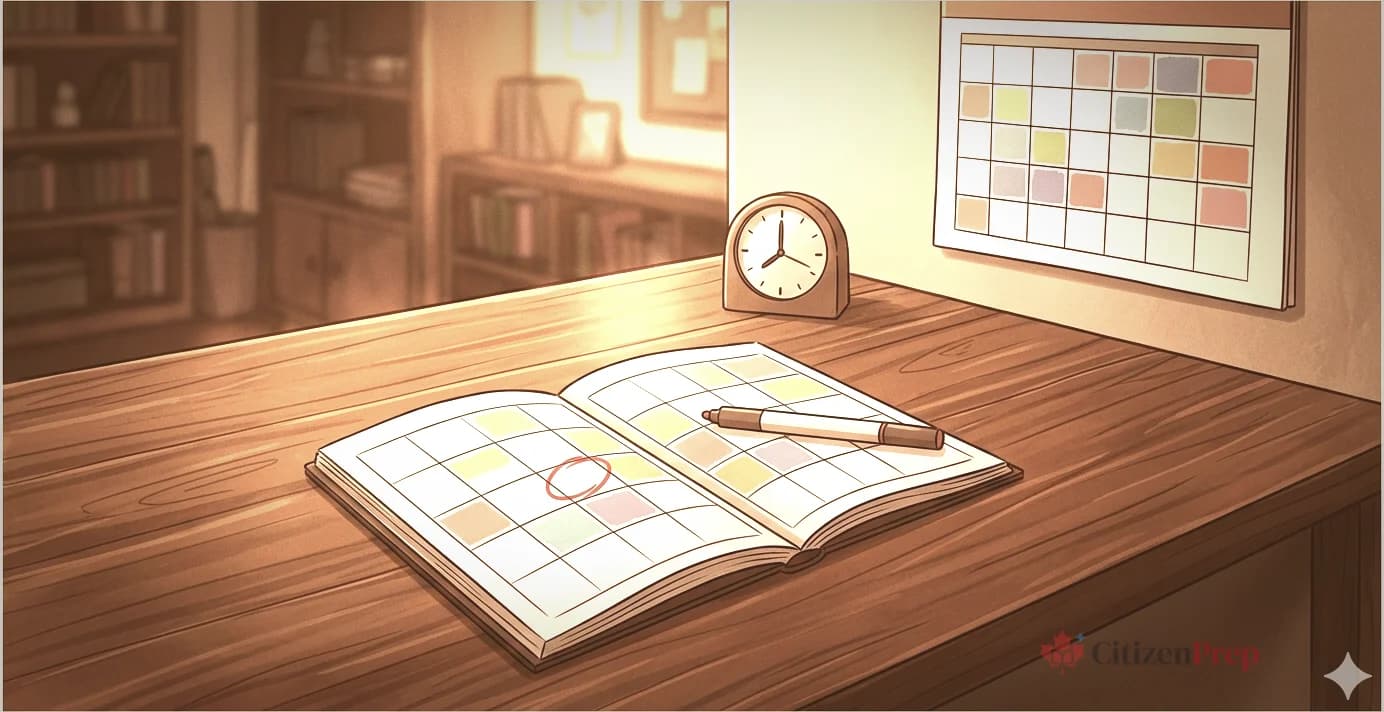 Editorial illustration of an open weekly planner with coloured blocks and a red circle, a clock, and a wall calendar with coloured study days on a warm wooden desk