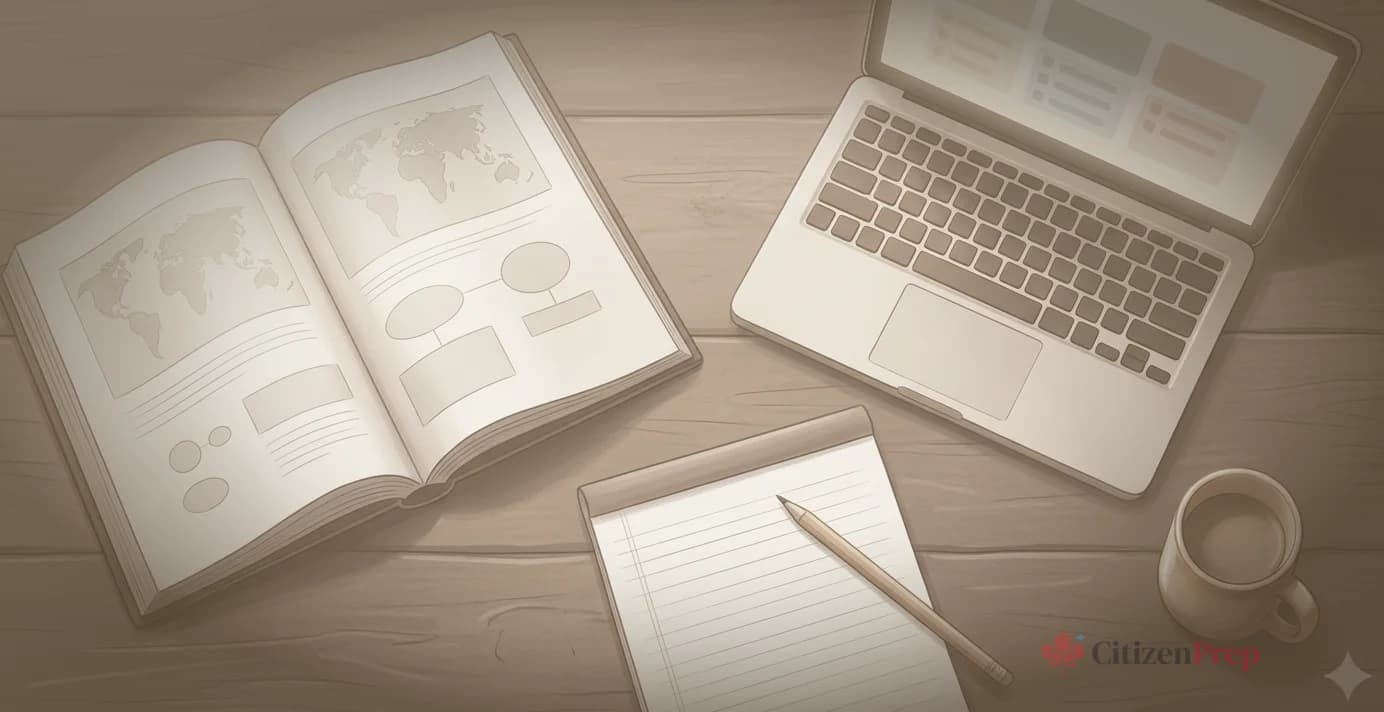 Editorial illustration showing a bird's-eye view of a study desk with an open book, laptop, notepad, pencil, and coffee mug