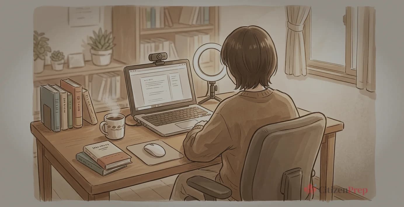 Editorial illustration of a person seen from behind sitting at a warm home office desk with a laptop, webcam, ring light, and steaming coffee mug