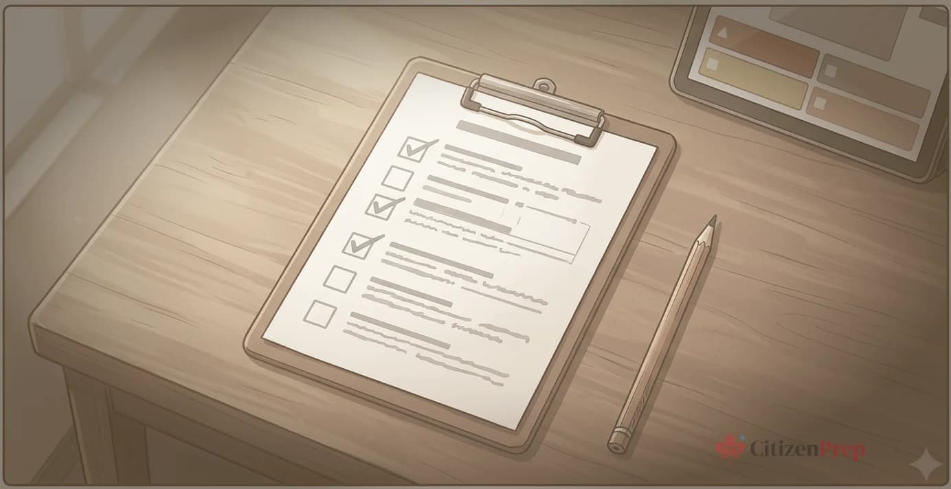 Editorial illustration showing a clipboard with checkbox questions and text skeletons, a pencil, and a tablet with coloured answer blocks on a warm wooden desk