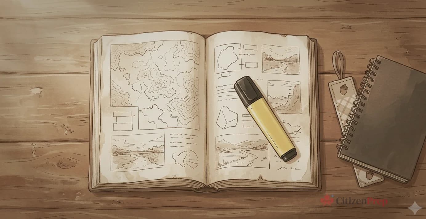 Editorial illustration showing an open book with topographic maps and landscape sketches, a yellow highlighter resting across the pages, and a spiral notebook on a warm wooden desk