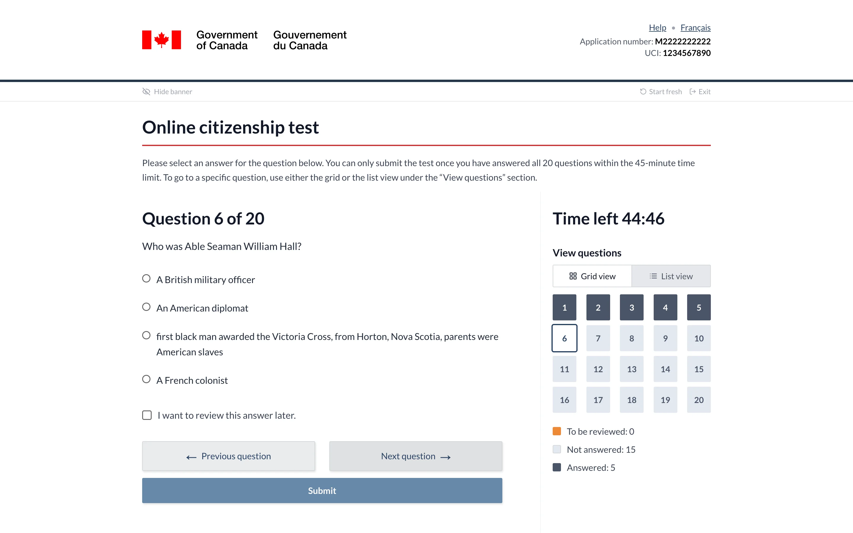 CitizenPrep mock test interface showing a timed 20-question citizenship test in progress